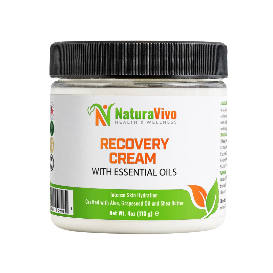 Front-facing product image of NaturaVivo Recovery Cream with Essential Oils, crafted with aloe, grapeseed oil, and shea butter for intense skin hydration.