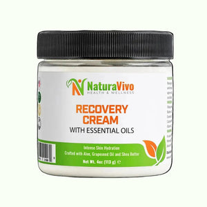 Front-facing product image of NaturaVivo Recovery Cream with Essential Oils, crafted with aloe, grapeseed oil, and shea butter for intense skin hydration.