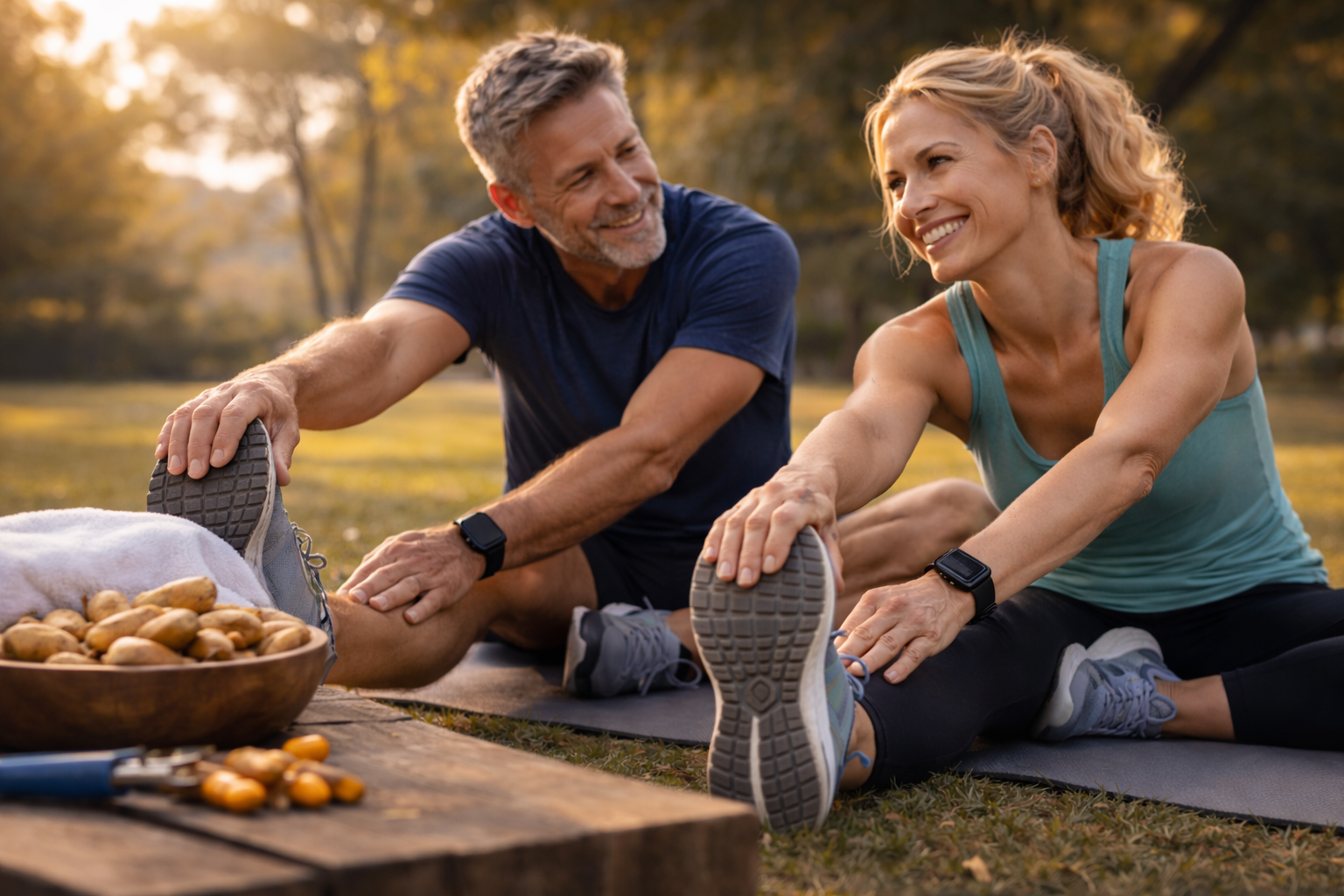 Couple stretching outdoors with turmeric roots