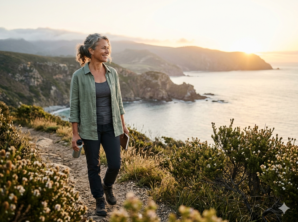 A smiling, middle-aged woman with curly gray hair walks along a scenic coastal mountain trail at sunset, holding a water bottle and a notebook.