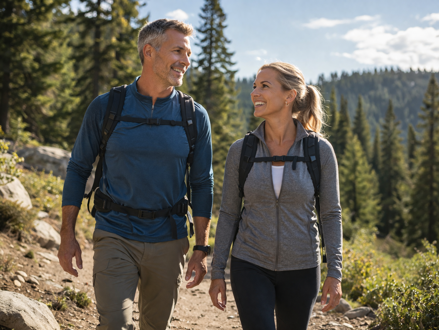 Happy hikers on a forest trail