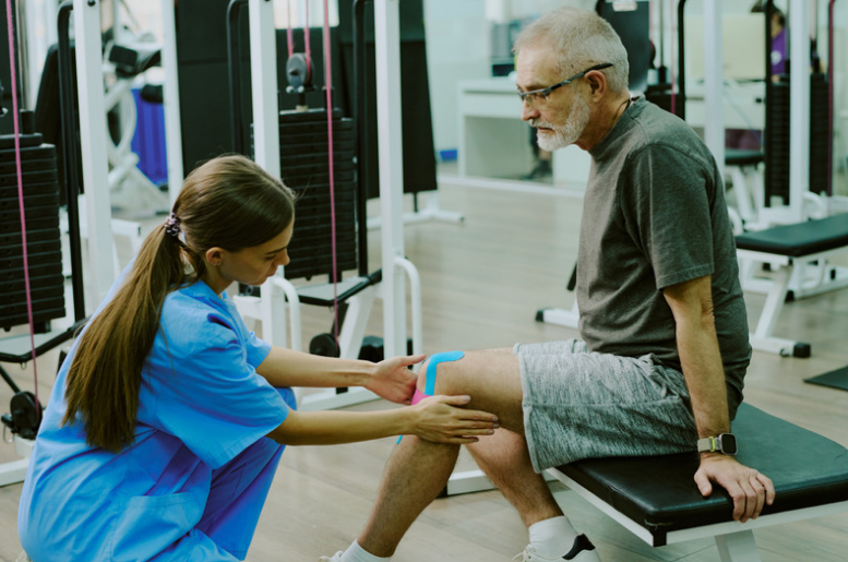 Rehab Trainer Taping Knee of Patient