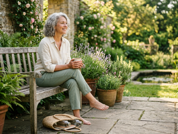 A woman with gray curly hair sits barefoot on a wooden bench in a garden, holding a mug and smiling, with a jar of Wild Yam Extract near her feet.