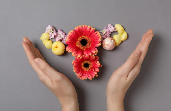hands are holding flowers in the shape of a uterus