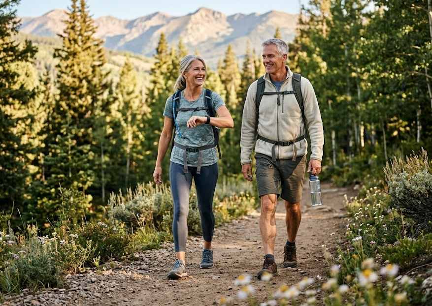 A happy, fit couple in hiking gear walks a scenic mountain trail lined with wildflowers.