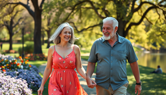 a middle-aged healthy and happy couple walking in the forest