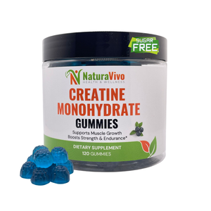 Close-up of NaturaVivo Creatine Monohydrate Gummies sugar-free jar with blue gummies for strength, endurance, and athletic performance.