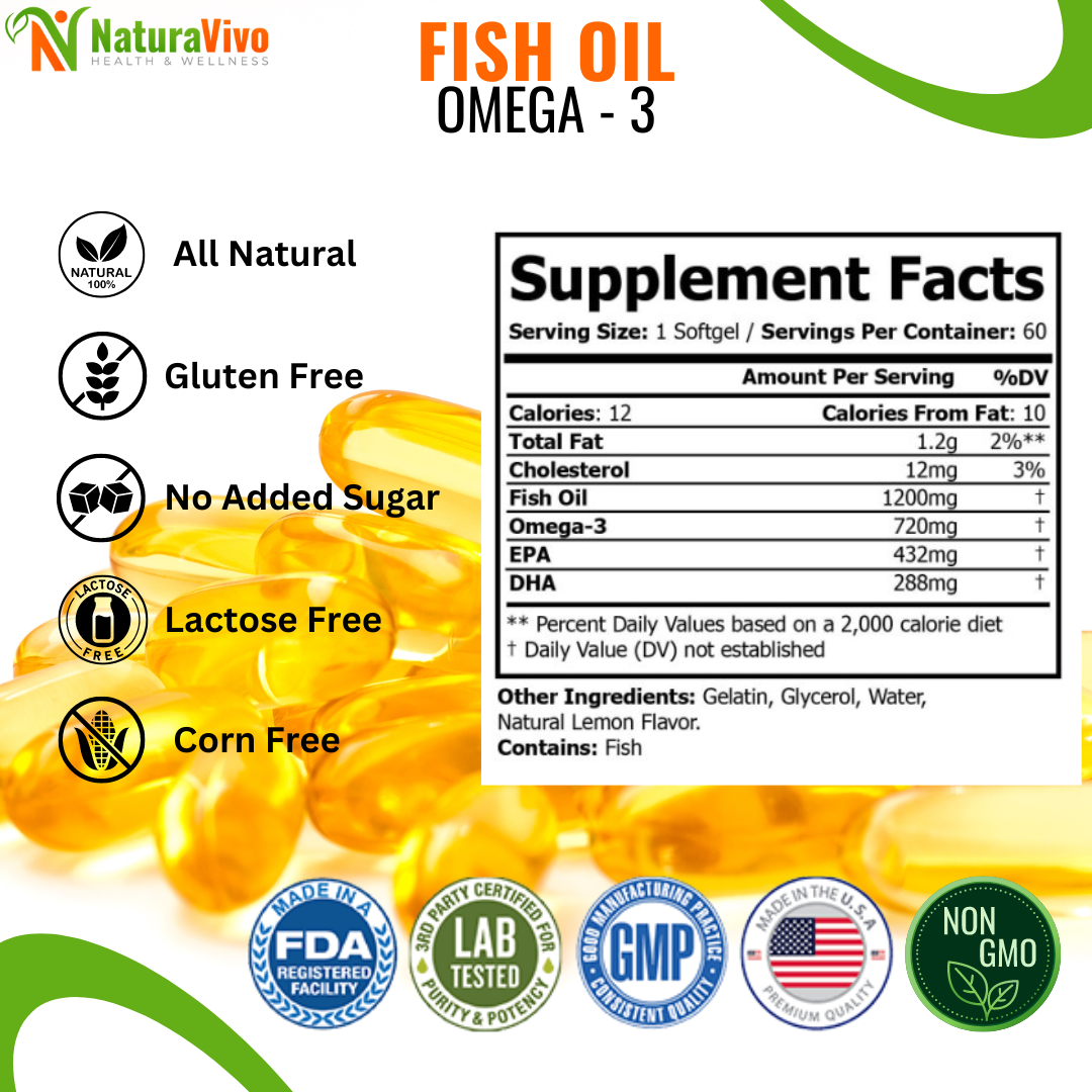 Fish Oil (1200 mg) Omega-3 (720 mg) Supplement - High EPA & DHA for Joint Flexibility, Heart, Brain & Vision Support - 100% Pure Sea-Harvested