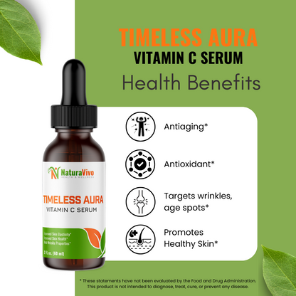 Timeless Aura Vitamin C Serum - Anti-Aging Face, Neck & Eye Serum for Radiant Skin - Boosts Collagen, Reduces Wrinkles & Dark Spots - Aloe, Vitamin E, Hyaluronic Acid & Antioxidants - 2oz