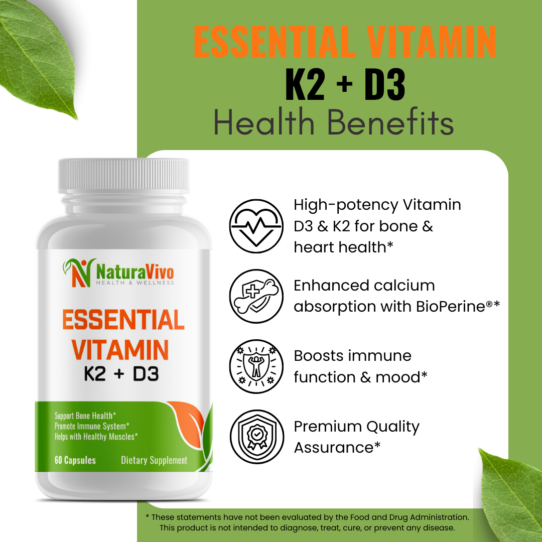 Essential Vitamin K2 + D3 with Calcium & BioPerine® - Supports Bone, Heart, Immune Health