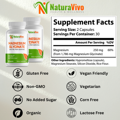 Magnesium Glycinate (250 mg per serving) - Premium Sleep Support & Stress Relief - Vegan, Non-GMO, Gluten-Free - 60 Capsules