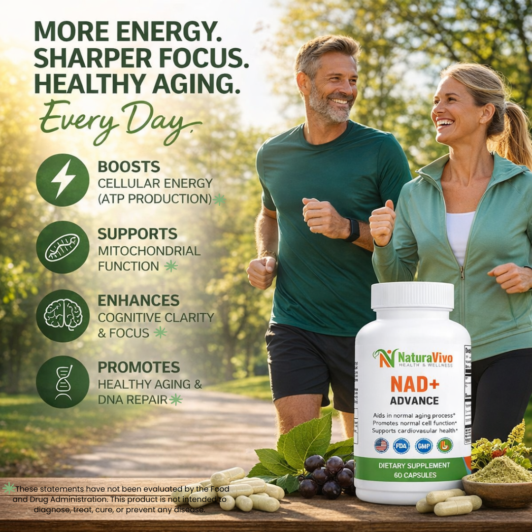 Man and woman exercising outdoors with a supplement bottle labeled 'NaturaVivo NAD+ Advance' in the foreground.