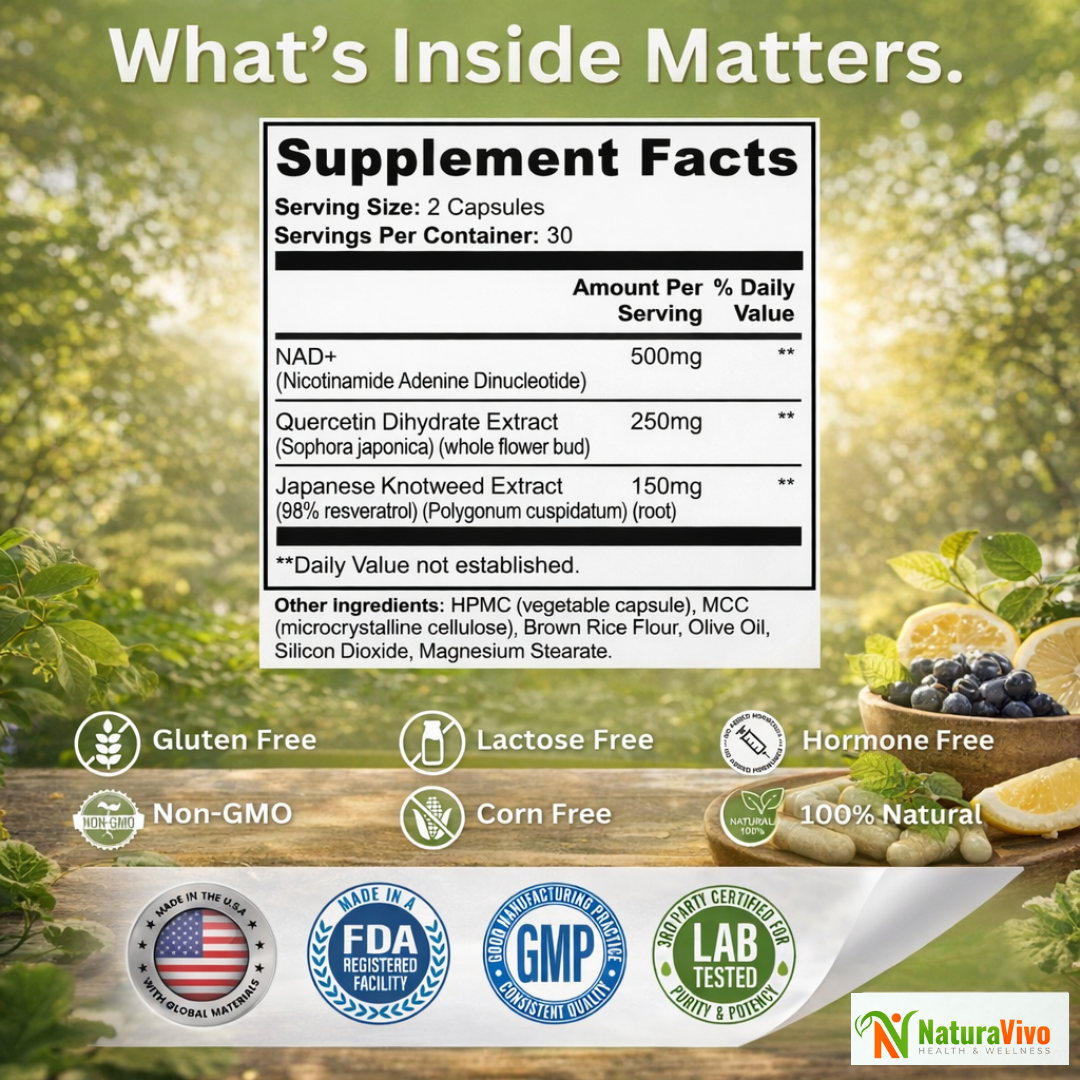 Supplement facts label with natural ingredients and branding on a green background
