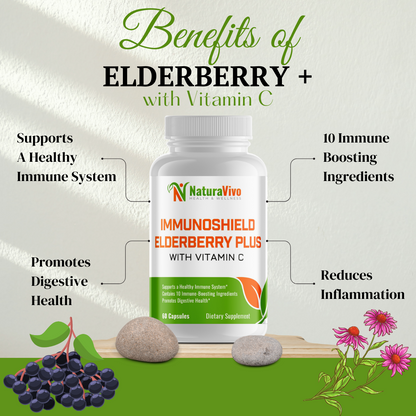 ImmunoShield Elderberry Plus with Vitamin C - Comprehensive Immune, Digestive & Skin Health Formula - Vitamin E, B6, Zinc, Echinacea, Garlic, Turmeric