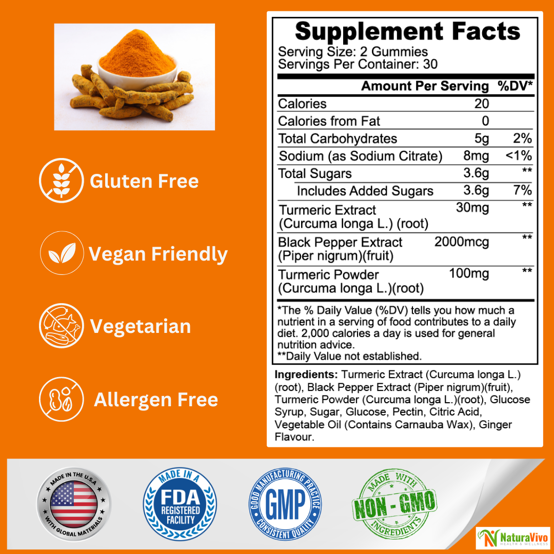 Turmeric Gummies - Turmeric/Ginger Flavor - Supports Joint, Bone & Skin Health - Curcumin with Black Pepper for Enhanced Absorption