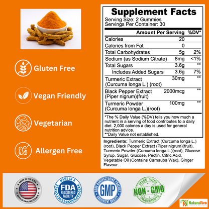 Turmeric Gummies - 60 Count - Turmeric/Ginger Flavor - Supports Joint, Bone & Skin Health - Curcumin with Black Pepper for Enhanced Absorption - Made in USA