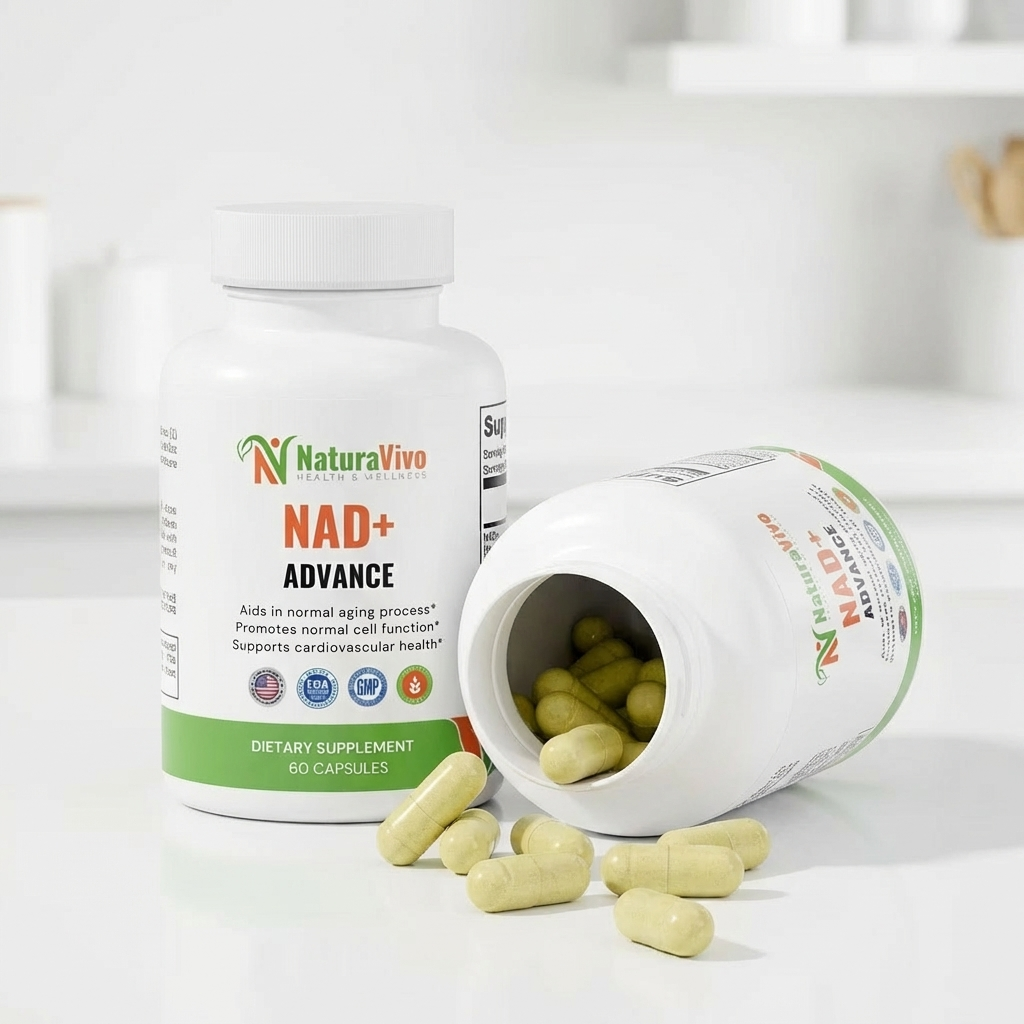 NaturaVivo NAD+ Advance dietary supplement bottle with open lid showing capsules on a white background