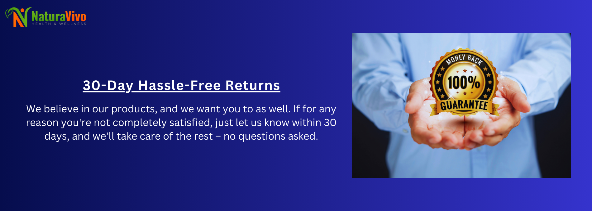 30 day hassle-free returns, money back guarantee